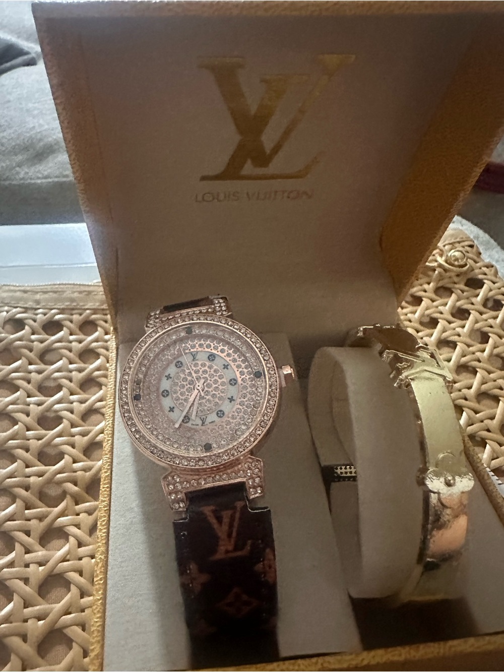 Source Unknown Gold Crystal Watch with Brown Monogram Strap & Gold LV Bracelet - Picture 2 of 15